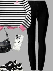 Tween女孩休閒極簡時尚經典黑白條紋配粉色Logo愛心圖案圓領長袖衛衣與內搭褲兩件套，適合秋冬Y2K、Chill、舒適秋季與冬季風格，時尚秋季 - 彩色 - 查看 7