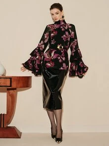 Arave Blus Wanita Bahan Chiffon Semi-Transparan dengan Bahu Jatuh, Potongan H, Kerah Berlipit Motif Bunga, dan Desain Lengan Berkerut untuk Perjalanan Sehari-hari - Hitam - View 9