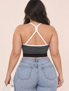 SHEIN Rhythm Era Randig färgblockig casual sport-haltertop för kvinnor i plus size, för dagligt bruk - Svart - Visa 2
