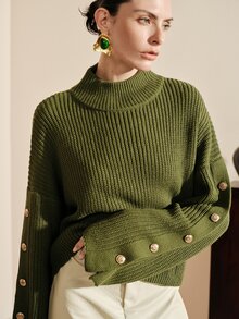 Arave Sweater Kasual Wanita Bahan Akrilik, Potongan Longgar, Lengan Samping, Desain Kancing - Hijau Tentara - View 4
