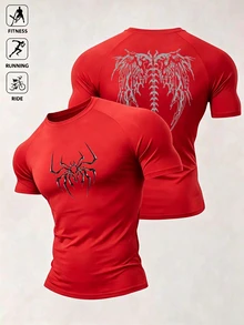 Acti Log Men's Spider Print Raglan Short Sleeve Sports T-Shirt - Red - View 1