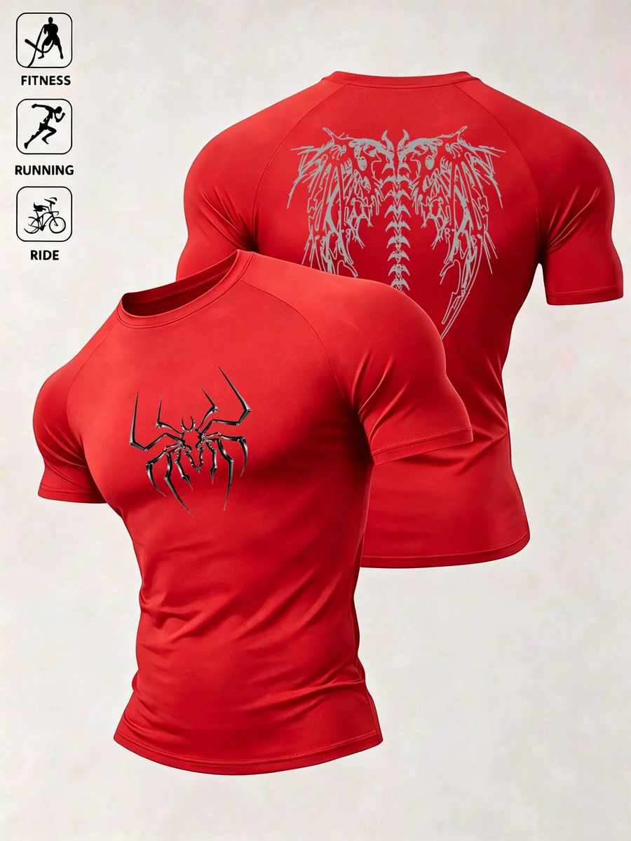 Acti Log Men's Spider Print Raglan Short Sleeve Sports T-Shirt - Red - View 1