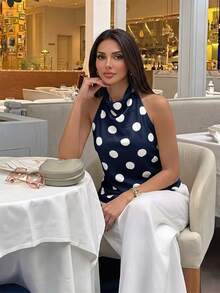 Firerie Women Summer Elegant Minimalist Casual Vacation Daily Commute Fashion Streetwear New Draped Backless Halter Neck Polka Dot Print Asymmetrical Hem Blouse Top - Navy Blue - View 5