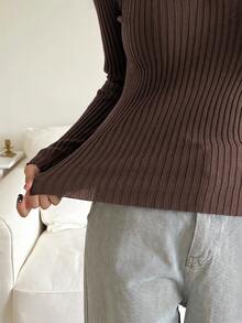 DAZY 女款純色翻領長袖商務休閒套頭毛衣 - 咖啡棕 - 查看 3