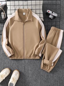 SHEIN 大童男孩對比側縫落肩袖拉鍊夾克與慢跑運動長褲套裝 - 彩色 - 查看 3