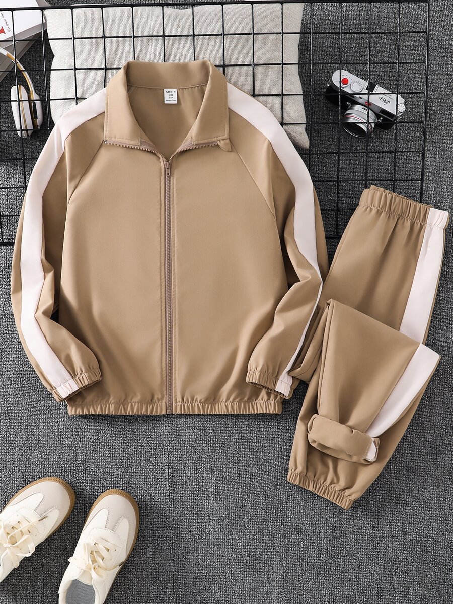 SHEIN Tween Boy Contrast Side Seam Raglan Sleeve Zipper Up Jacket & Jogger Sweatpants Set - Multicolor - View 1