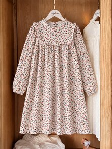 SHEIN Vintaside Kids 少女秋季棉質洋裝 小碎花數位印花 荷葉領長袖 田園風 - 彩色 - 查看 3