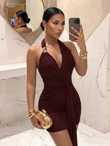 Slaydiva Summer New Elegant Party Sexy Vacation Beach Backless Ruched Twist Red Shiny Ice Silk Women Mini Dress-A - Rust Brown - View 9