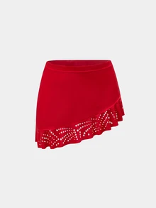 Swim Oasis Christmas Red Petal Trim Bandeau Detachable Shoulder Strap Skirt Swimsuit One Piece Two Pieces Set - Red - View 5