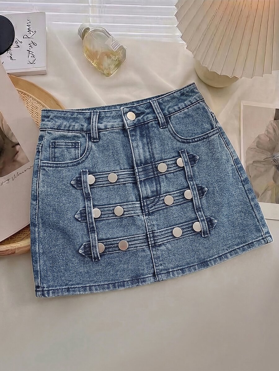 SHEIN MOD 女款街頭風鈕扣口袋牛仔迷你裙 - 藍色 - 查看 1