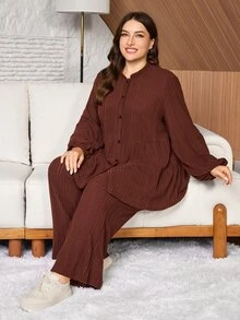 Lacomfia Plus Size Women Stand Collar, Lantern Split Long Sleeve, Fuzzy Textured, Split Stand Collar Shirt Top Patchwork Ribbed Casual Autumn Winter Loose Comfortable Two Pieces Set - Coffee Brown - View 1