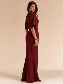 SHEIN BAE Spring Summer Solid White Short Sleeve Fitted Pleated Elegant Long Dress For Women - Burgundy - View 4