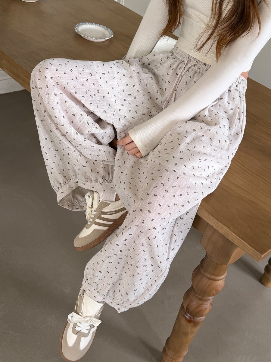K-Vae Ditsy Floral Lantern Pants Elastic Waist Drawstring Casual Loose Fit Versatile Summer Trousers For Women - Apricot - View 1
