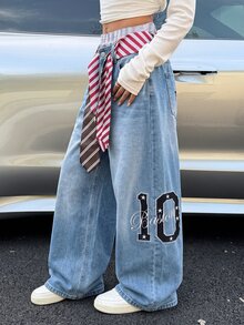 SHEIN MOD Plus Size Women's Digital Embroidery Pocket Wide Leg Loose Casual Denim Jeans - Light Wash - View 5