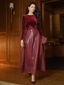 Anewsta Women's Elegant Patchwork Velvet Blouse Autumn New Arrival - Burgundy - View 5