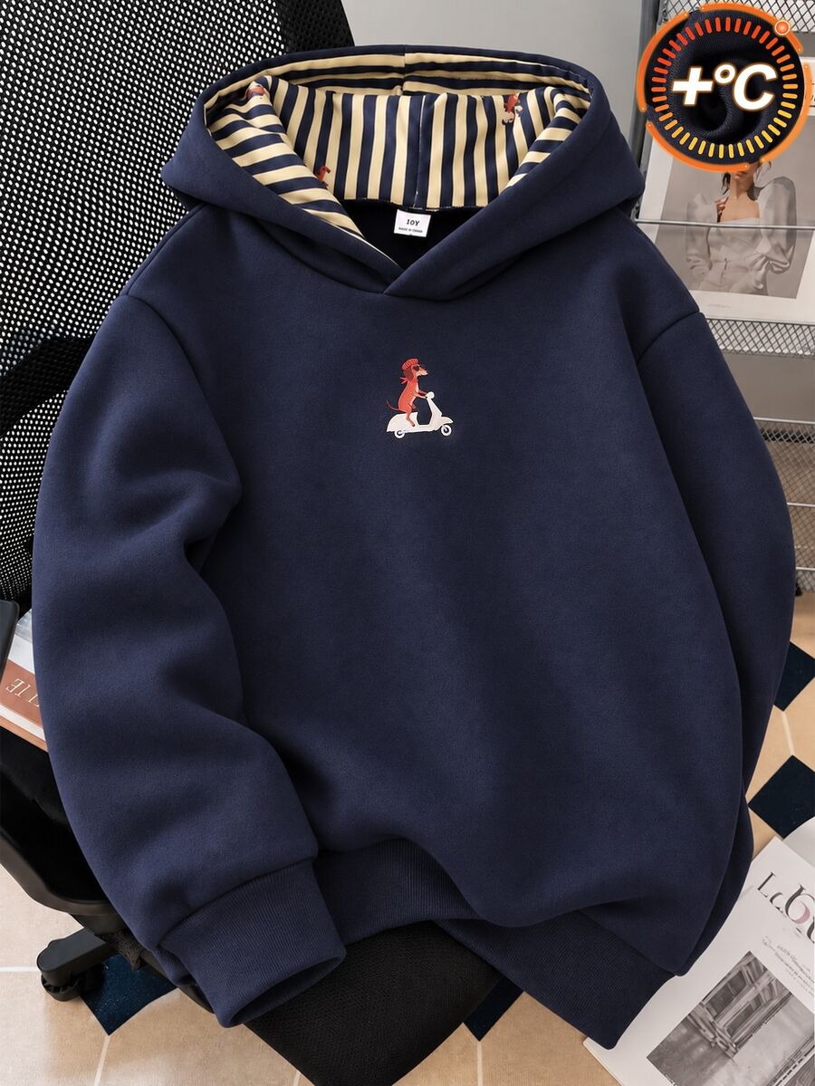 SHEIN 1件青少年女孩軟綿可愛甜美風皇家藍連帽衛衣,柔軟面料,寬鬆舒適,正面印花臘腸犬幼犬圖案,連帽內裡藍黃條紋,全印同款幼犬圖案,羅紋袖口與下擺,簡約百搭,適合日常穿著與校園穿搭,中厚度,秋冬款,1件保暖抓絨內裡 - 藍色 - 查看 1