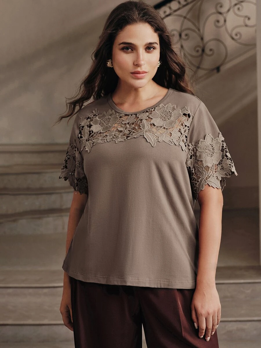 Anewsta Women's Short Sleeve T-Shirt With Hollow Lace Patchwork On Chest And Sleeves, Knit Fabric, Casual Commute Plus Size Tee - Brown - View 1