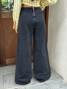 Rivivi Asymmetrical Waist Non-Elastic Denim Straight Leg Pants - Blue - View 2