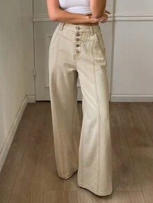 Dazy Tall Women's Loose Straight Leg Long Pants Button Decor Urban Casual Denim Jeans - Khaki - View 3