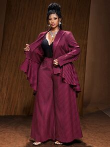 Maweii Plus Size Sexy Burgundy Striped Asymmetrical Hem Blazer And Pants Set - Burgundy - View 6