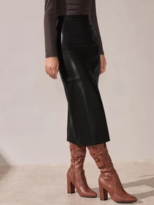 BizChic 女款高開衩PU裙，秋季都市通勤商務休閒辦公穿搭，優雅正式女裝，適用萬聖節、返校季、教堂、特殊場合、婚禮賓客、派對、約會、度假、生日，法式復古極簡性感浪漫日常百搭顯瘦 - 黑色 - 查看 6