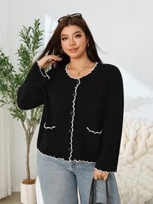 Solflare Plus Size Women Autumn Winter Black Long Sleeve Cardigan Sweater - Black - View 6