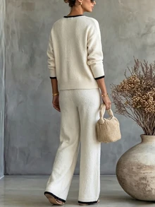 SHEIN Casual Loose V-Neck Long Sleeve Knit Contrast Trim Top + Loose Straight Leg Pants ,Women Fall/Winter Sets,New Year, Christmas, Halloween,Party,Social - Beige - View 3