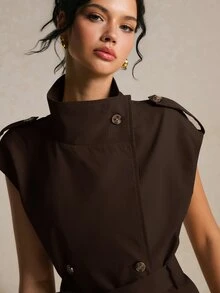 Poéselle 女款純色腰帶休閒百搭日常旅行風衣外套 - 咖啡棕 - 查看 3