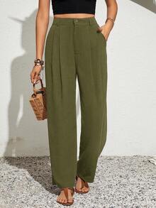 SHEIN VCAY Plus Size Casual Versatile Button Pocket Pleated Pants - Army Green - View 1