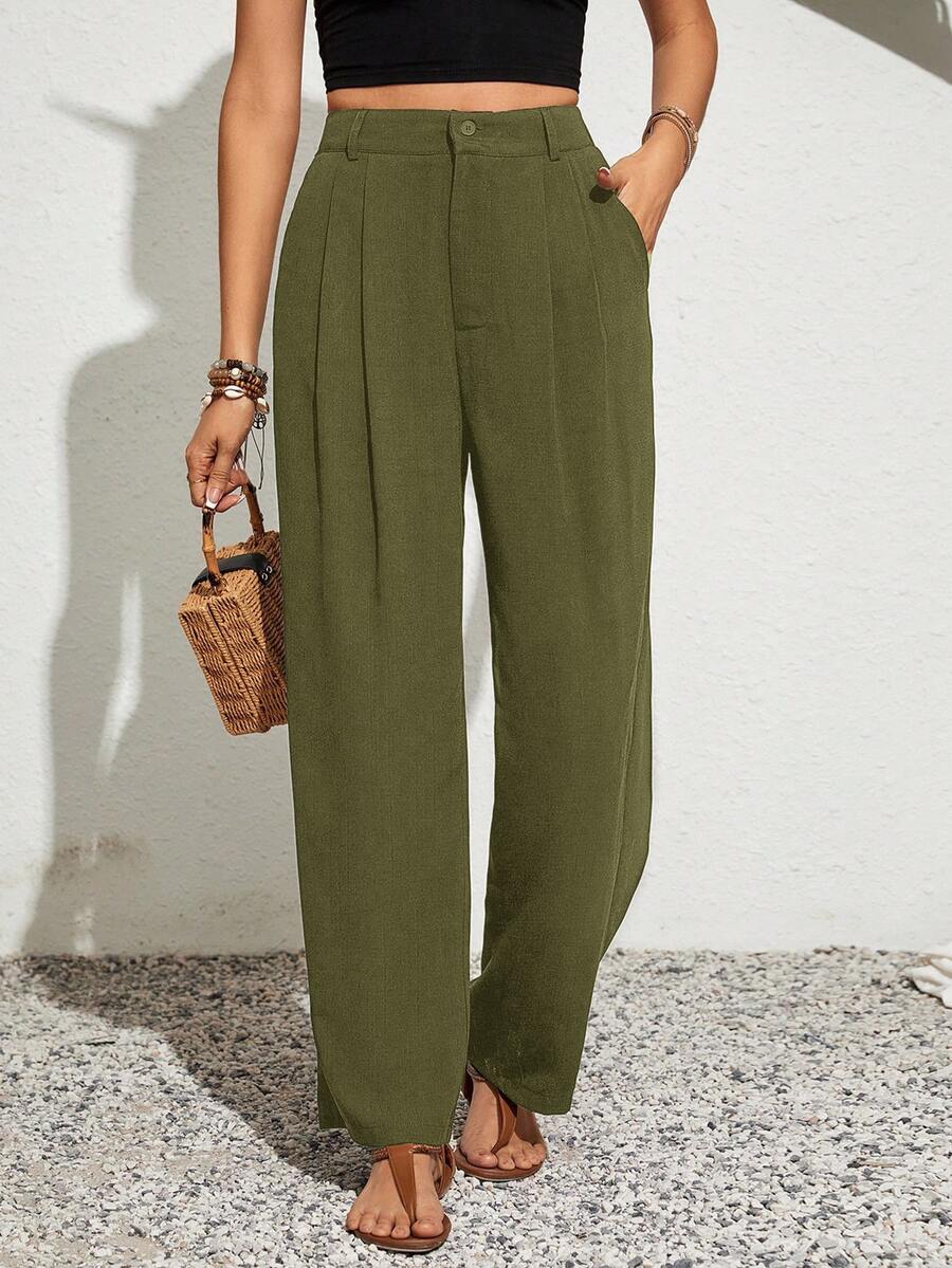 SHEIN VCAY Plus Size Casual Versatile Button Pocket Pleated Pants - Army Green - View 1
