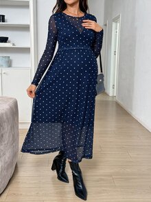 SHEIN Polka Dot Print Round Neck Long Sleeve Elegant Maternity Nursing Dress Fall - Blue and White - View 6