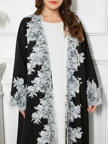 Al Najma Minimalist Casual Solid Color Lace Trim Long Sleeve Loose Regular Fit Spring Autumn Plus Size Abaya - Black - View 6