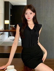 Joudiya 春夏短袖襯衫，荷葉邊飾邊，拼接繫帶前襟設計，優雅時尚襯衫，適用婚禮、宴會、派對、晚裝、通勤 - 黑色 - 查看 6