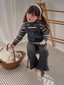 DAZY Infant Girl Round Neck 2 In 1 Korean Style Striped Long Sleeve Sweater Set - Grey - View 7