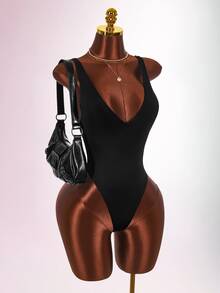 Amplova Women's Solid Color Deep V-Neck Sleeveless Sexy Bodysuit - Black - View 6