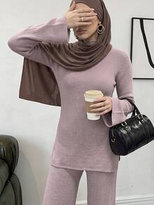 Veilorie Women's Solid Color Stand Collar Bell Sleeve Sweater And Knitted Long Pants Casual 2 Pieces Set - Pink - View 4