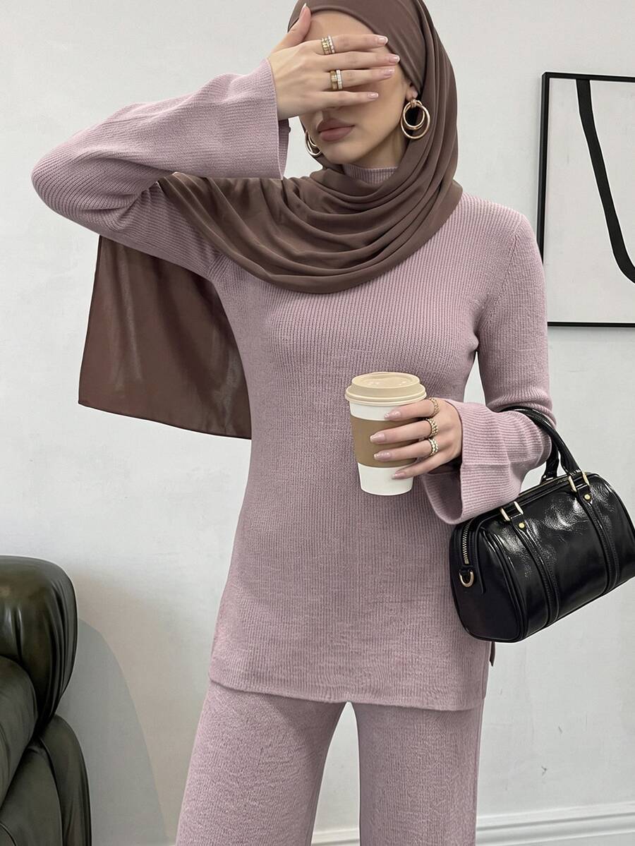 Solavon Women's Solid Color Stand Collar Bell Sleeve Sweater And Knitted Long Pants Casual 2 Pieces Set - Pink - View 1