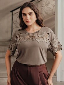 Anewsta Women's Short Sleeve T-Shirt With Hollow Lace Patchwork On Chest And Sleeves, Knit Fabric, Casual Commute Plus Size Tee - Brown - View 5