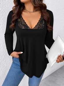 EMERY ROSE Spring Autumn Casual Loose Neckline Contrast Lace V-Neck Plus Size T-Shirt, Suitable For Daily Outings And Home Wear - Black - View 3
