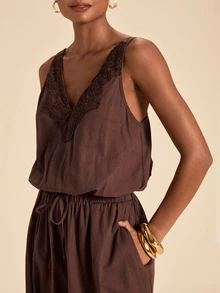 Travachic Women's Lace Patchwork Casual Daily Wear Romper - Coffee Brown - View 6