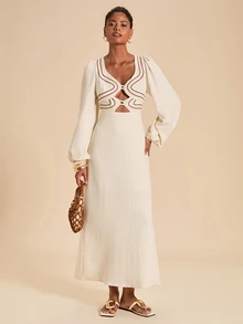 Travachic Women's Colorblock Casual Daily Summer Long Dress - Apricot - View 5