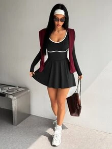 SHEIN Dewbera فستان رياضي صيفي كاجوال يومي للنساء بتصميم كتل لونية وثنيات - أبيض وأسود - مشاهدة 3