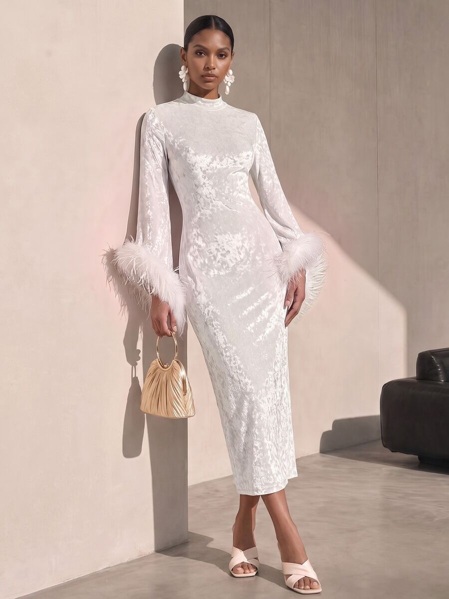 Vesra Shiny Velvet Bell Sleeve Feather Patchwork Elegant Party Women Long Dress - Beige - View 1