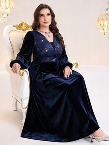 Seusyu Plus Size French Style Sequin Ruched Waist Long Sleeve Dress - Navy Blue - View 4