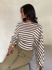 Aloruh 女款秋冬休閒寬鬆條紋T恤 - 彩色 - 查看 7
