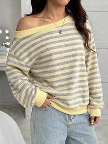 SHEIN EZwear 秋季新款復古灰紋休閒寬鬆白色不對稱肩女款運動衫 - 淡黃色 - 查看 4