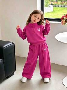 SHEIN Playful Pals 秋冬女童深藍色運動風蝴蝶結刺繡立領拉鍊長袖運動衫套裝，簡約舒適 - 玫紅色 - 查看 1