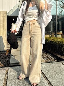 SHEIN EZwear Celana Jeans Longgar Serbaguna untuk Wanita dengan Kantong Kancing - Khaki - View 5