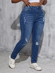 SHEIN MOD Plus Size Fashion Button Pocket Distressed Streetwear Denim Jeans - Medium Wash - View 4