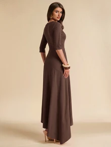 SHEIN BAE Fall Winter Chocolate Brown Ruched Asymmetric Hem Bodycon Elegant Midi Dress Thanksgiving Day Of The Dead Brunch Party Going Out - Brown - View 2